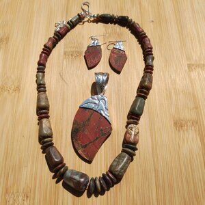 Jay King DTR mine finds red Jasper necklace large pendant earring set 925 Sterli